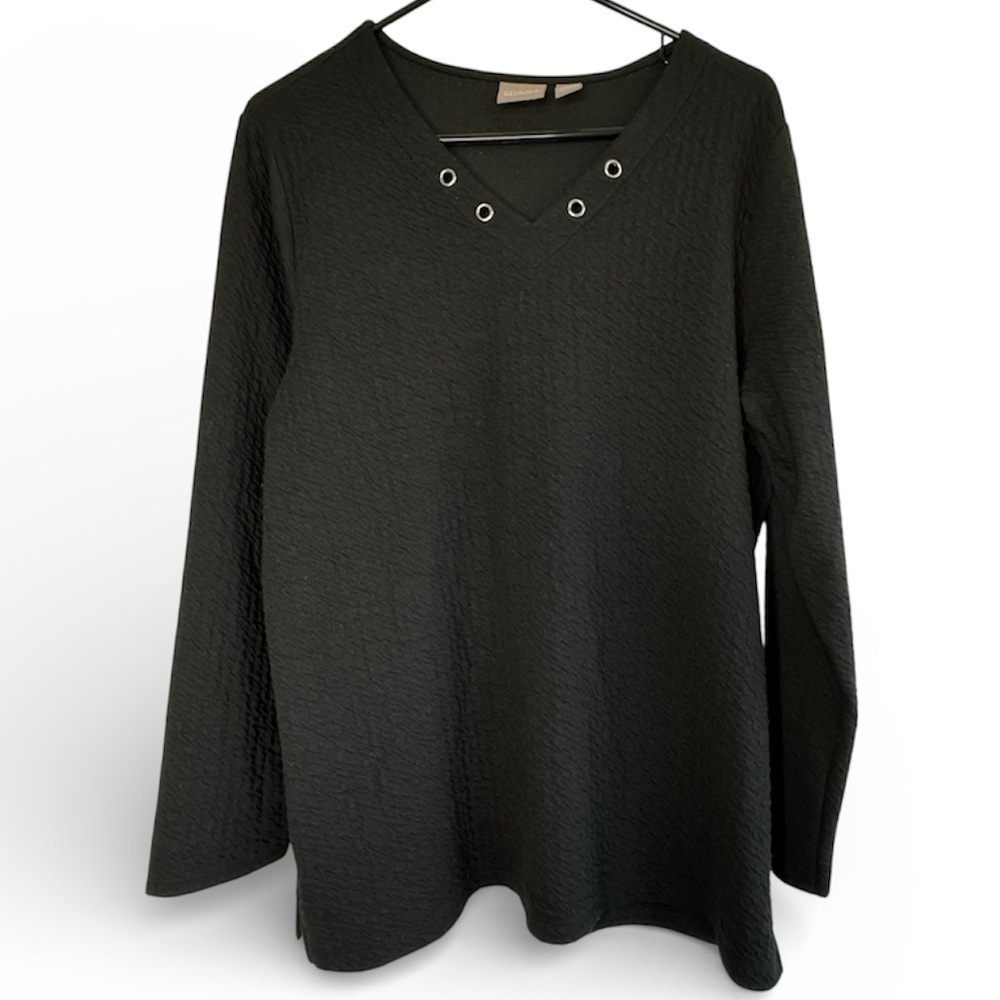 Chicos Textured Sweater Top Long Sleeves V-Neck Black Size 2 US Large or 12